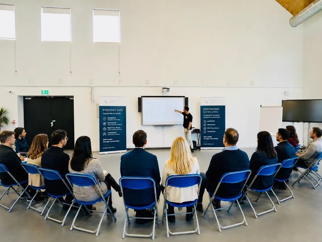Corporate professionals taking part in an Everyday Safe workplace personal safety workshop