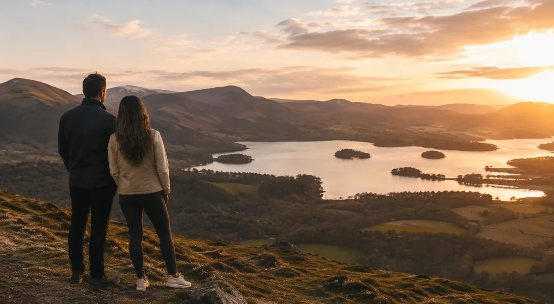Couple overlooking the Lake District at sunset, representing a healthier, safer and more fulfilling life